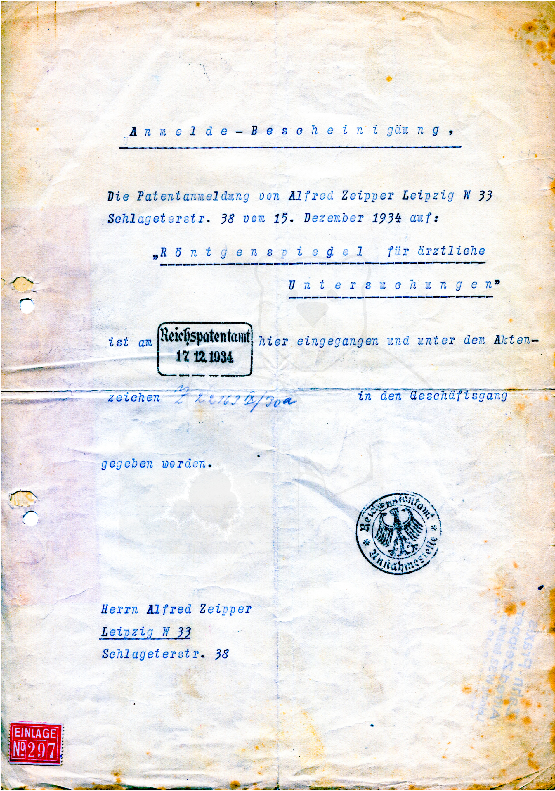Röntgenspiegel Patentanmeldung Alfred Zeipper vom 17.12.1934 an das Reichspatentamt Leipzig, eingereicht von Alfred Zeipper (Scan von Thomas Zeipper)